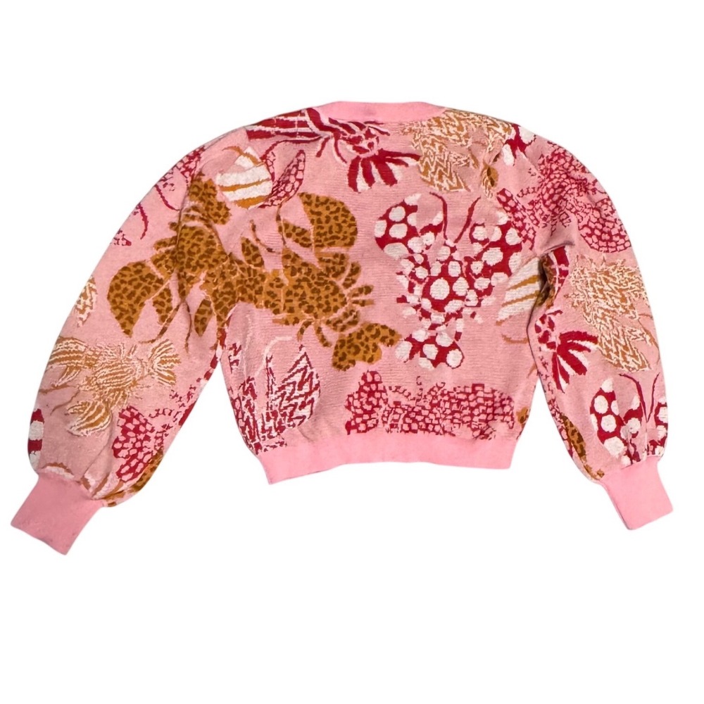 FARM Rio Cardigan Womens L Pink NWT Lobster Leopard Tropical Puff Sleeve Cropped - Picture 2 of 9